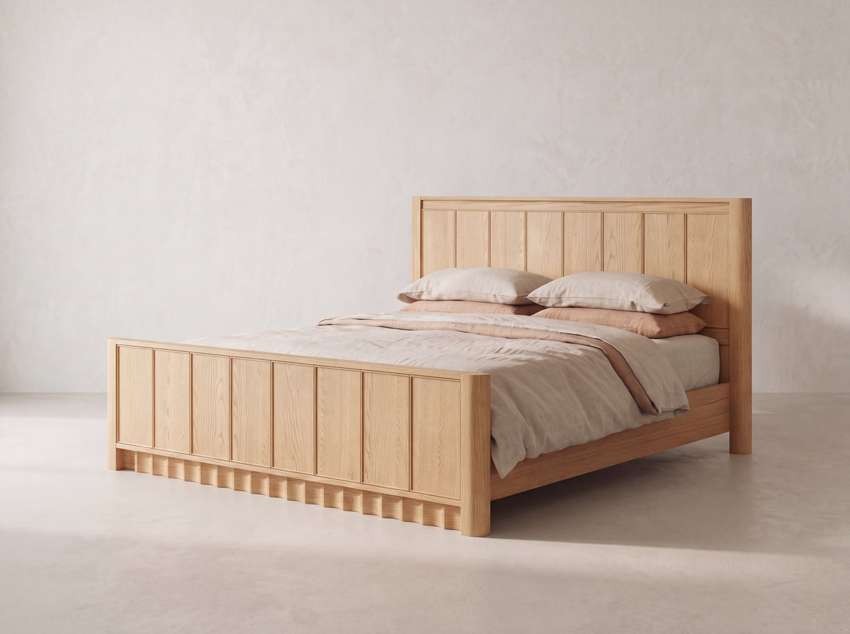 Orlando Panel Bed in Nordic White Oak — Studio three-quarter view, right side visible. Render for selection.