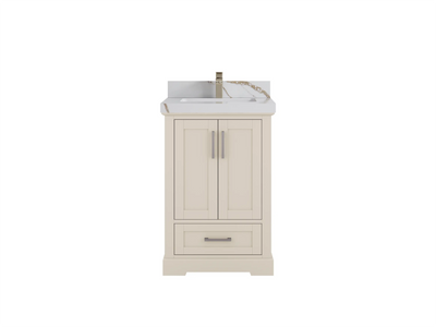 Boston 24-inch bathroom vanity in Fine Grain Linen Beige with Calacatta Gold Quartz countertop