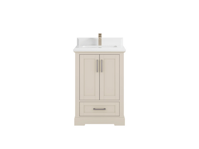 Boston 24-inch bathroom vanity in Fine Grain Linen Beige with double-cove White Quartz countertop