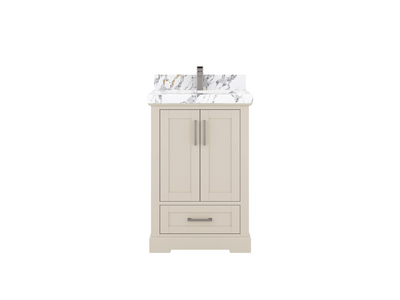 Boston 24-inch bathroom vanity with white veined countertop, front product view