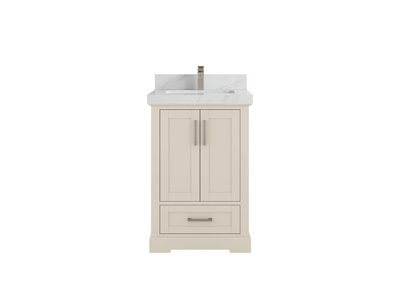 Boston 24-inch bathroom vanity in Fine Grain Linen Beige with Calacatta Sienna Quartz countertop