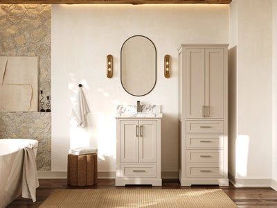 Boston 24-inch bathroom vanity with matching linen cabinet, front bathroom view