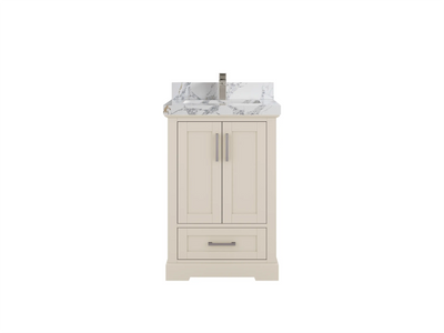 Boston 24-inch bathroom vanity in Fine Grain Linen Beige with Calacatta Poanazzo Quartz countertop