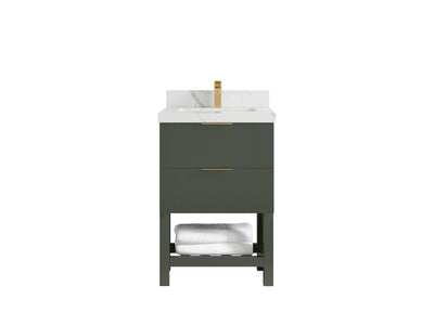 Catalina 24-inch bathroom vanity in deep green with a white countertop featuring bold gray veining, front view