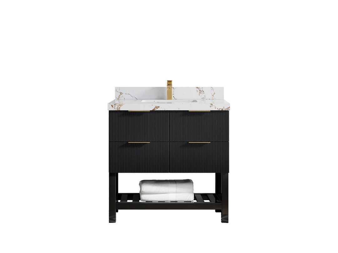 Catalina 36 in. W x 22 in. D Single Sink Bathroom Vanity in Black with 2 in Calacatta Black Quartz Countertop 