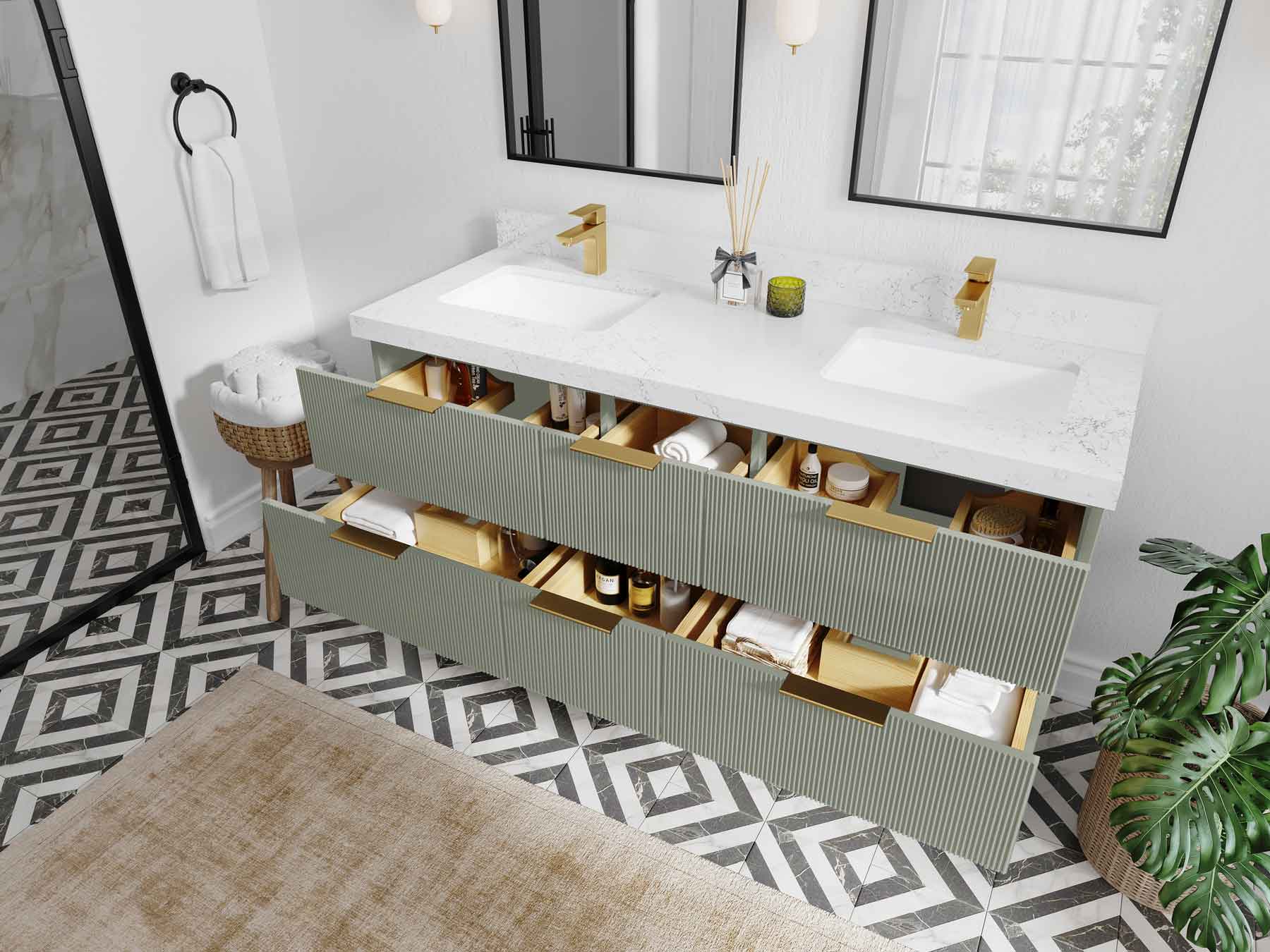 Catalina 60 in W x 22 in D Free Standing Reeded Double Sink Bathroom Vanity - Willow Bath and Vanity