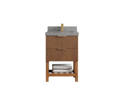 Catalina Teak 24-inch bathroom vanity with dark gray countertop and white veining, front view