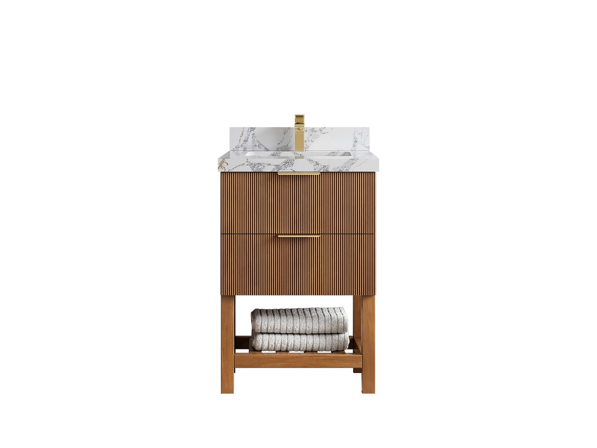 Catalina Teak 24-inch bathroom vanity with mottled white and gray countertop, front view