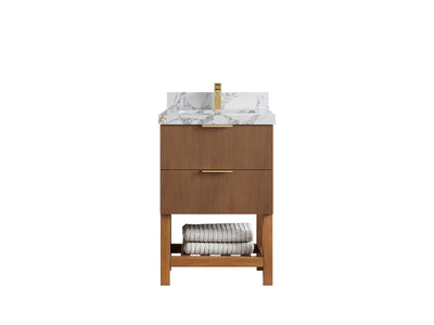 Catalina Teak 24-inch bathroom vanity with mottled white and gray countertop, front view