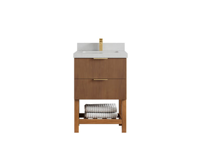 Catalina Teak 24-inch bathroom vanity with soft white and gray countertop, front view