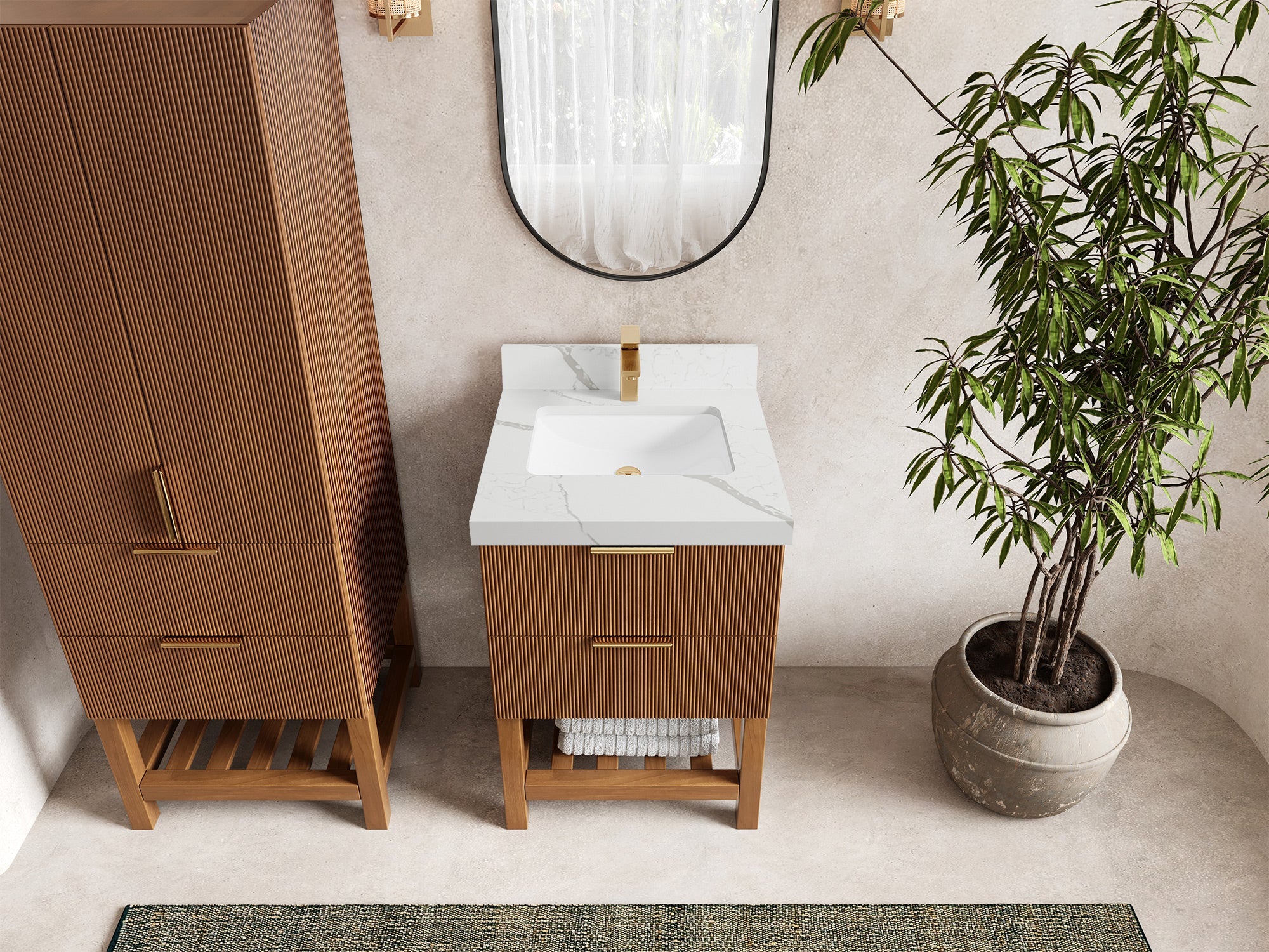 Catalina Teak 24-inch bathroom vanity in Dark Natural Teak with Calacatta Laza Quartz countertop