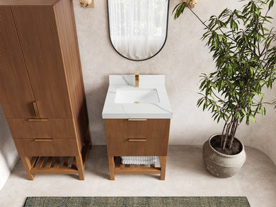 Catalina Teak 24-inch bathroom vanity in Dark Natural Teak with Calacatta Laza Quartz countertop