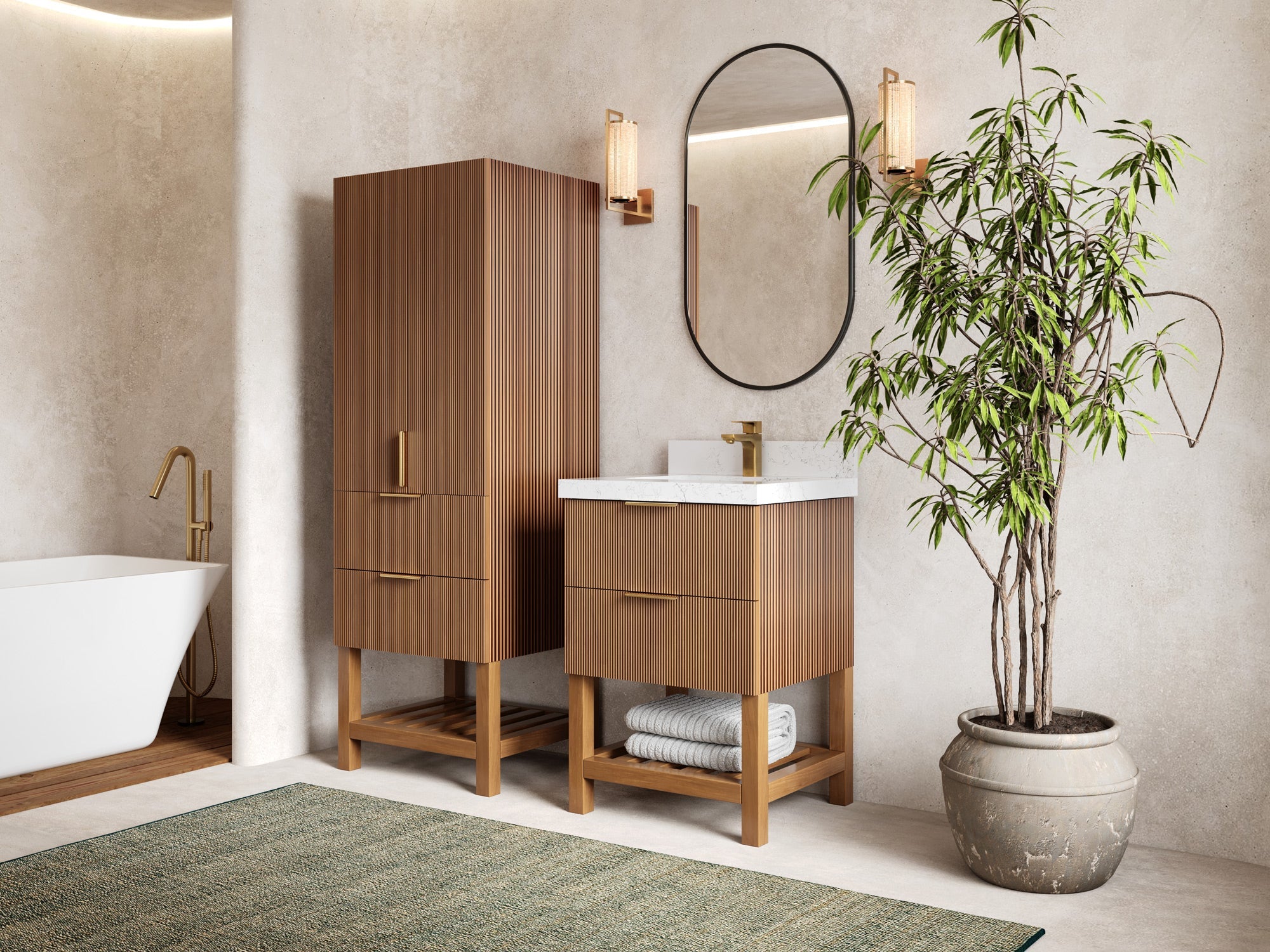 Catalina Teak 24-inch bathroom vanity with matching linen cabinet, angled bathroom view