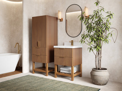 Catalina Teak 24-inch bathroom vanity with matching linen cabinet, angled bathroom view