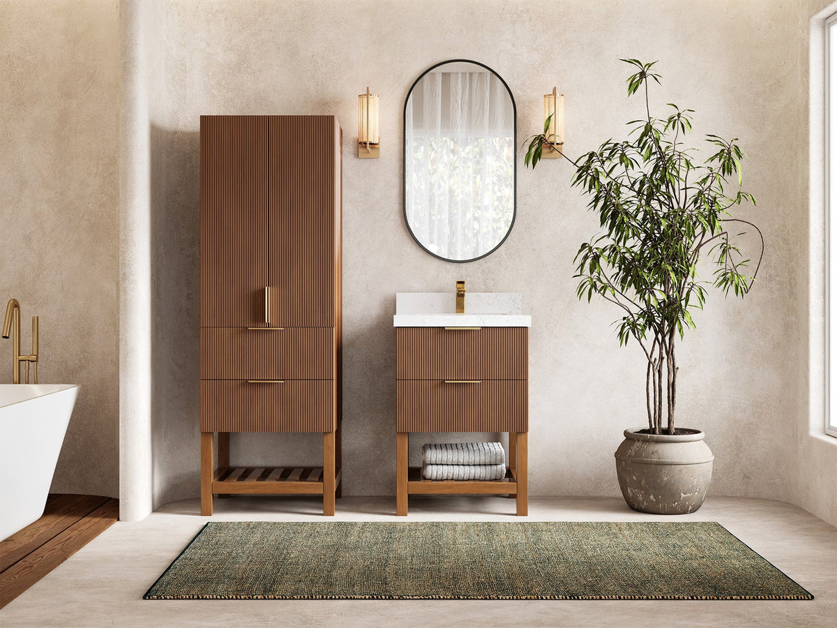 Catalina Teak 24-inch bathroom vanity with matching linen cabinet, front bathroom view