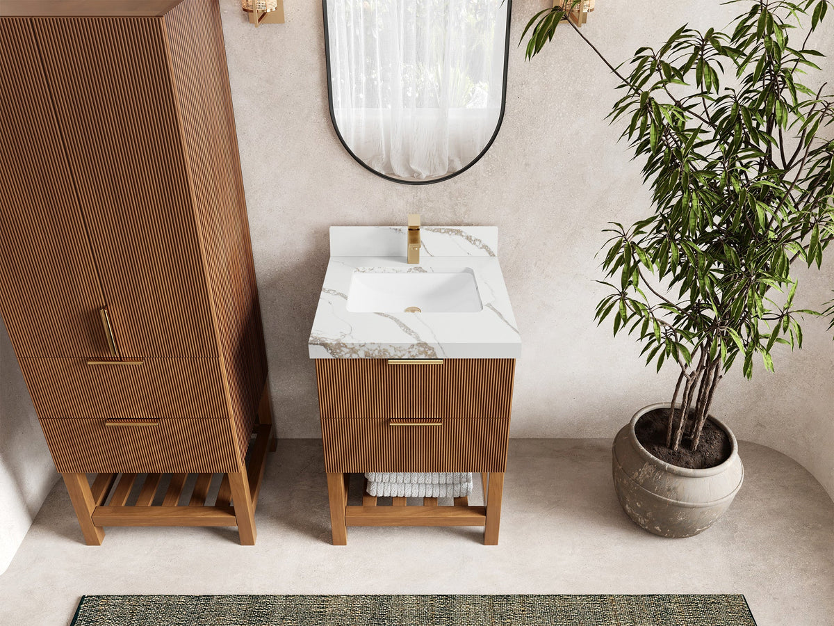 Catalina Teak 24-inch bathroom vanity in Dark Natural Teak with Calacatta Gold Quartz countertop