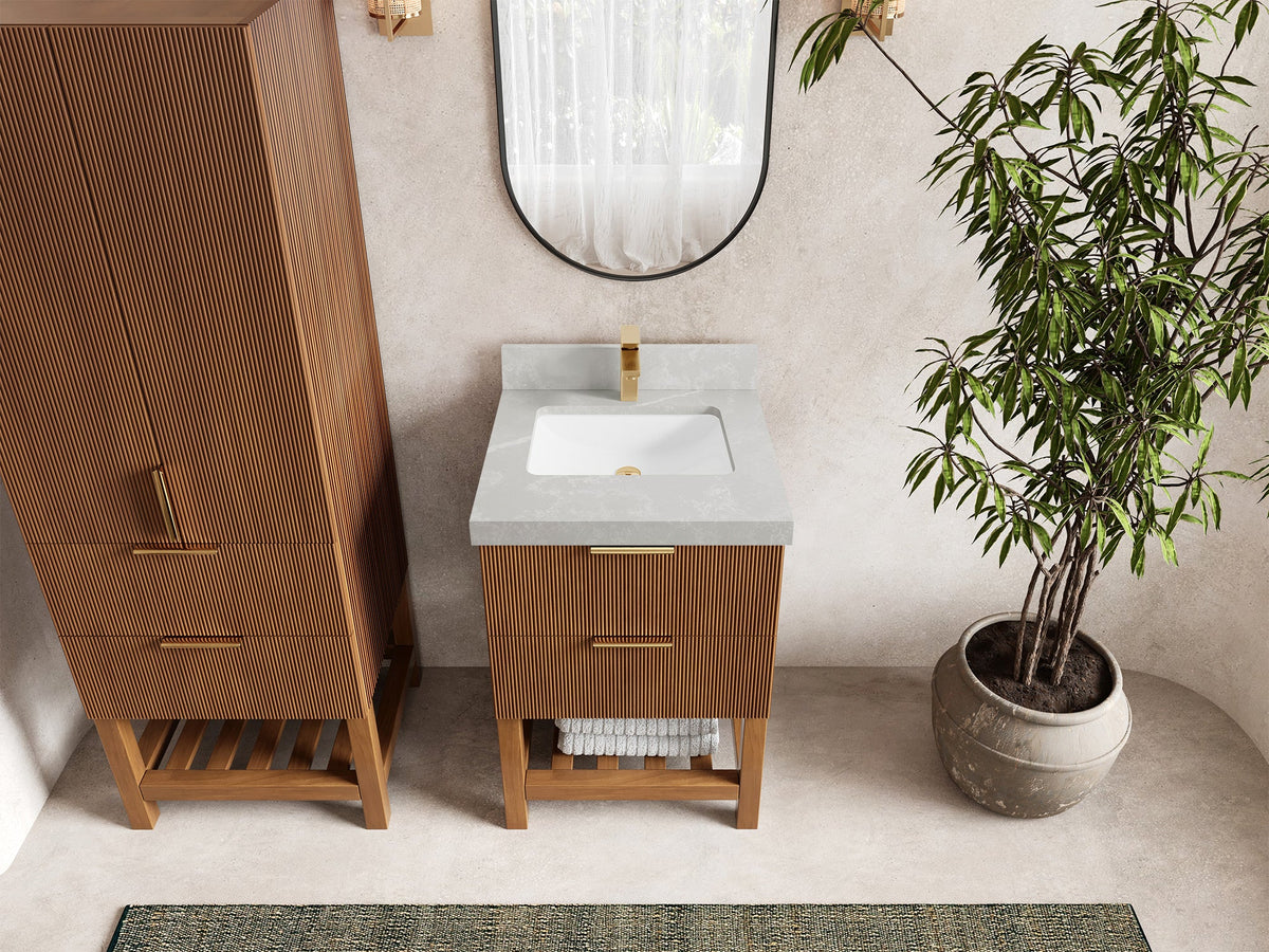 Catalina Teak 24-inch bathroom vanity in Dark Natural Teak with Pearl Light Gray Quartz countertop