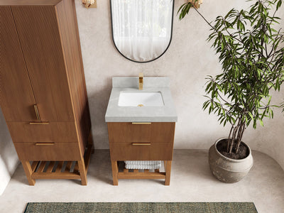 Catalina Teak 24-inch bathroom vanity in Dark Natural Teak with Pearl Light Gray Quartz countertop