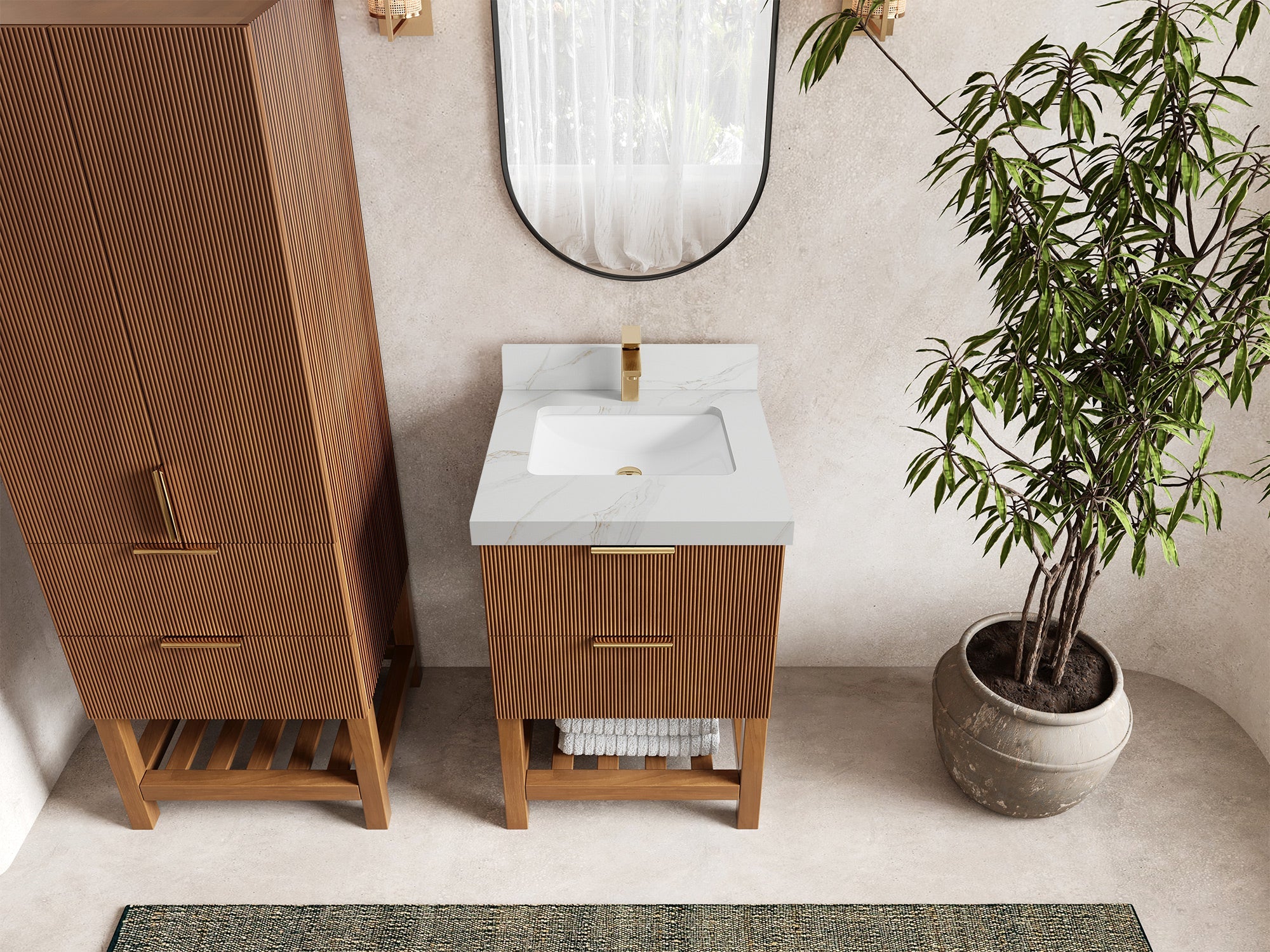 Catalina Teak 24-inch bathroom vanity in Dark Natural Teak with Calacatta Sienna Quartz countertop