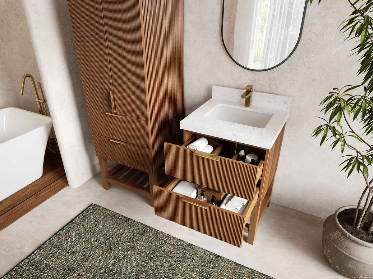 Catalina Teak 24-inch bathroom vanity, angled view with drawers open to show storage