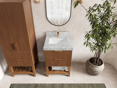 Catalina Teak 24-inch bathroom vanity in Dark Natural Teak with Carrara Marble countertop