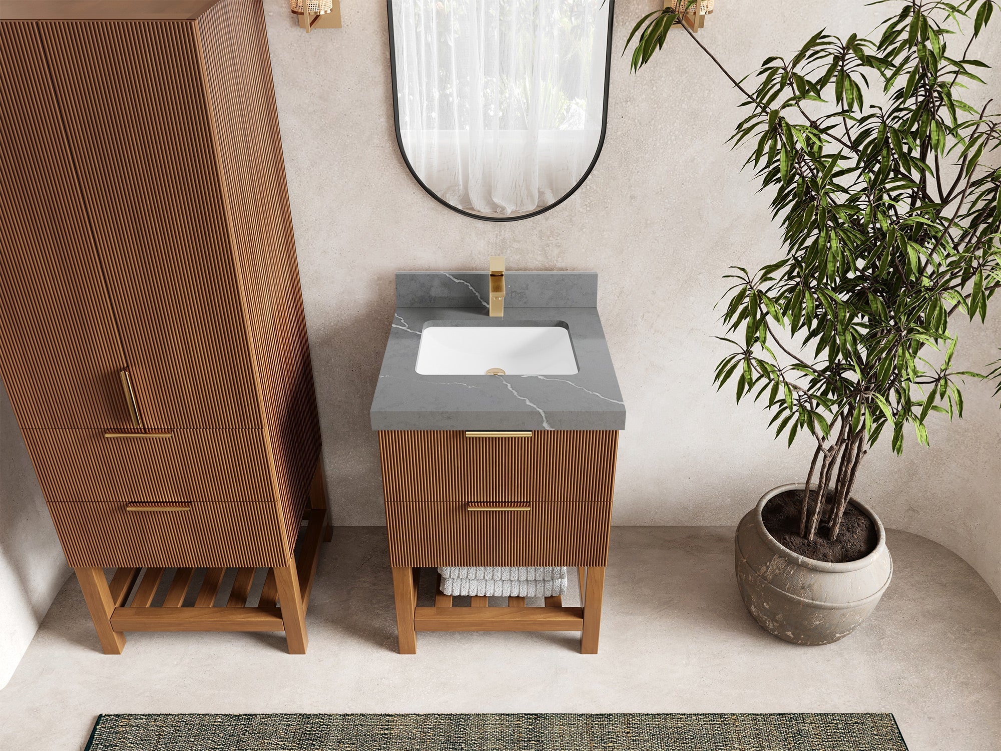 Catalina Teak 24-inch bathroom vanity in Dark Natural Teak with Piatra Gray Quartz countertop
