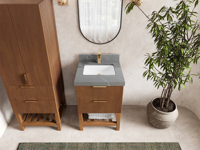 Catalina Teak 24-inch bathroom vanity in Dark Natural Teak with Piatra Gray Quartz countertop