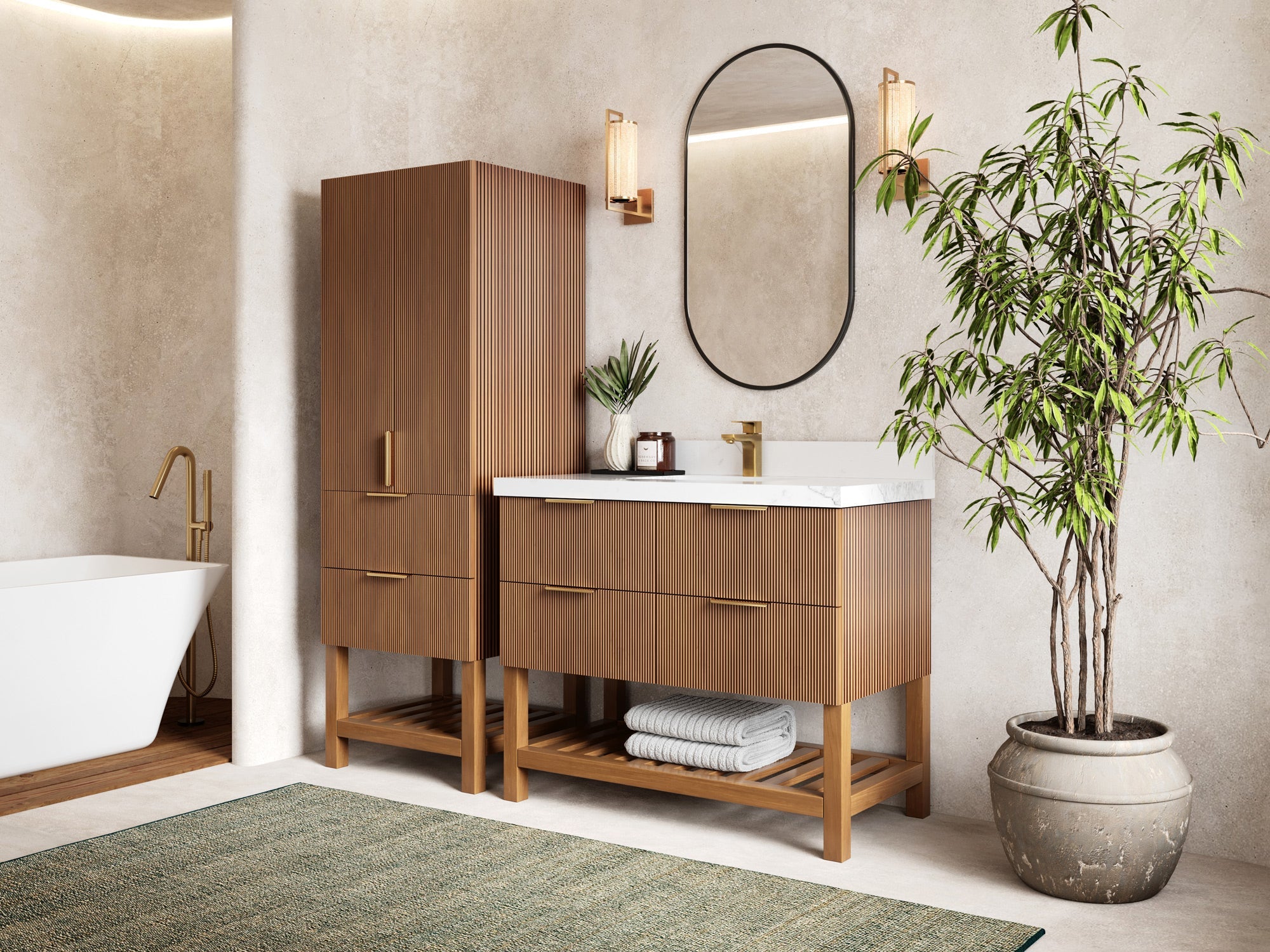 Catalina Teak 42 in W x 22 in D Free Standing Reeded Single Sink Bathroom Vanity - Willow Bath and Vanity