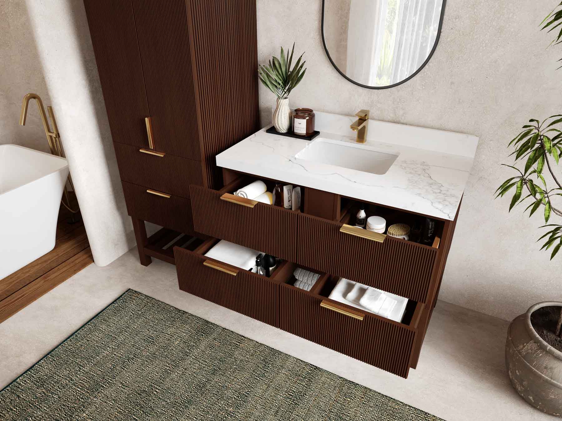 Catalina Teak 42 in W x 22 in D Free Standing Reeded Single Sink Bathroom Vanity - Willow Bath and Vanity
