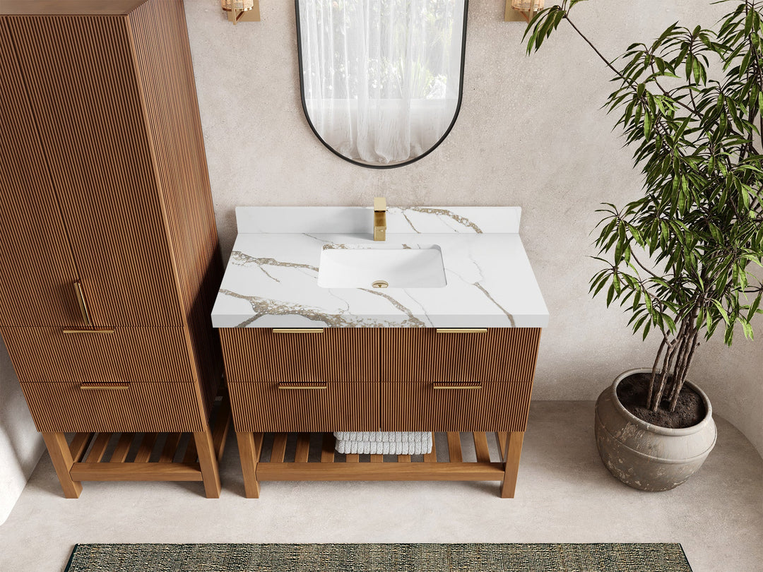 Catalina Teak 42 in W x 22 in D Free Standing Reeded Single Sink Bathroom Vanity - Willow Bath and Vanity
