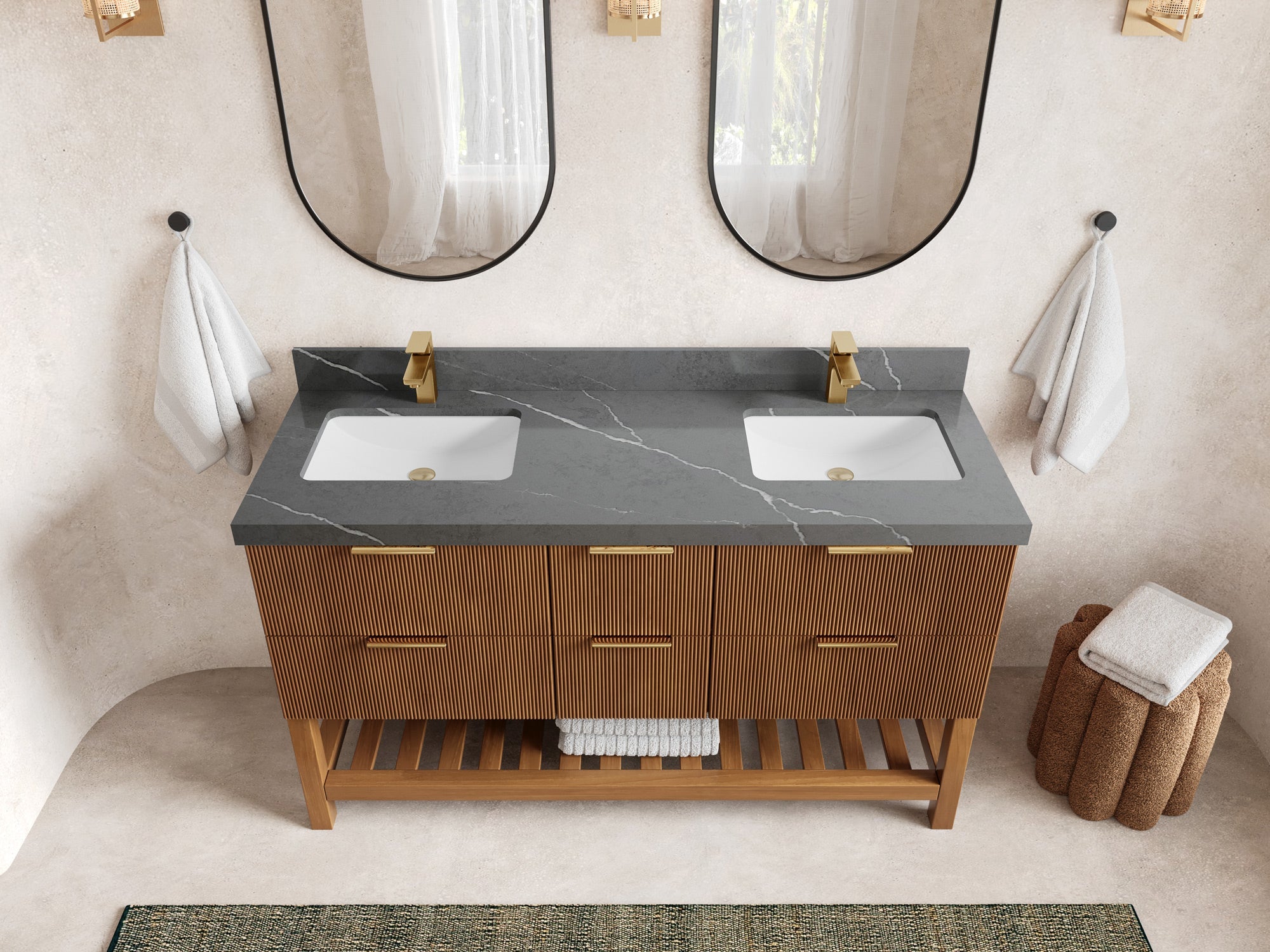 Catalina Teak 60 in W x 22 in D Free Standing Reeded Double Sink Bathroom Vanity - Willow Bath and Vanity