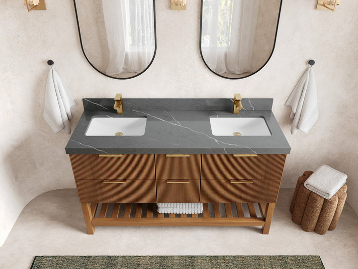 Catalina Teak 60 in W x 22 in D Free Standing Reeded Double Sink Bathroom Vanity - photo 28