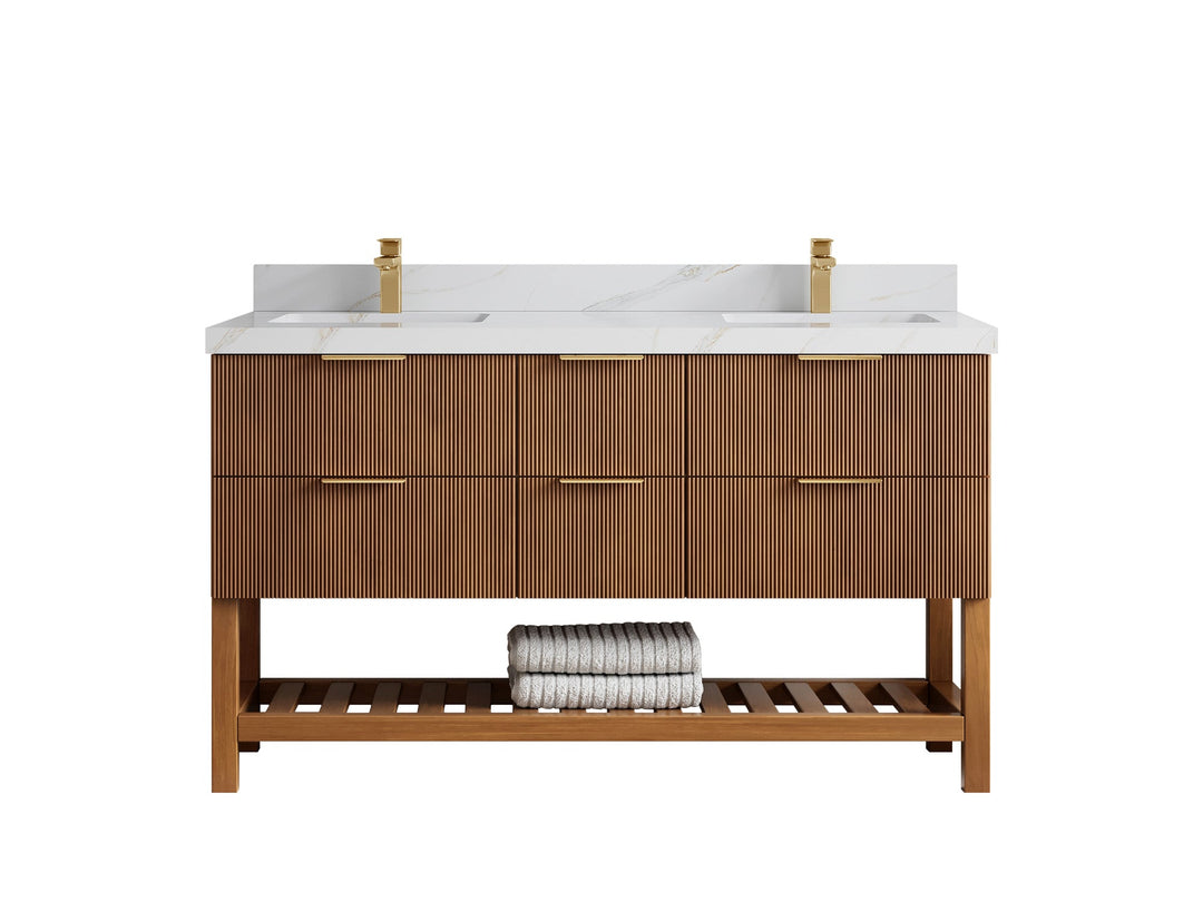 Catalina Teak 60 in W x 22 in D Free Standing Reeded Double Sink Bathroom Vanity - Willow Bath and Vanity