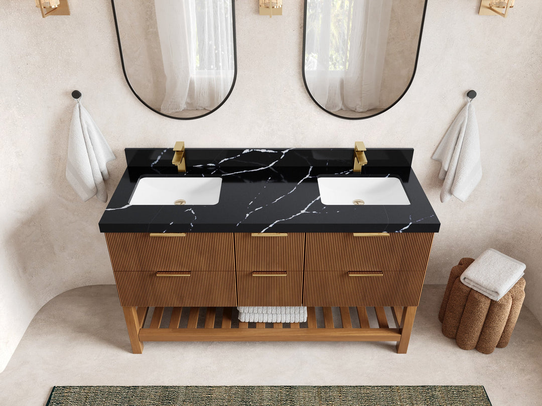 Catalina Teak 60 in W x 22 in D Free Standing Reeded Double Sink Bathroom Vanity - Willow Bath and Vanity
