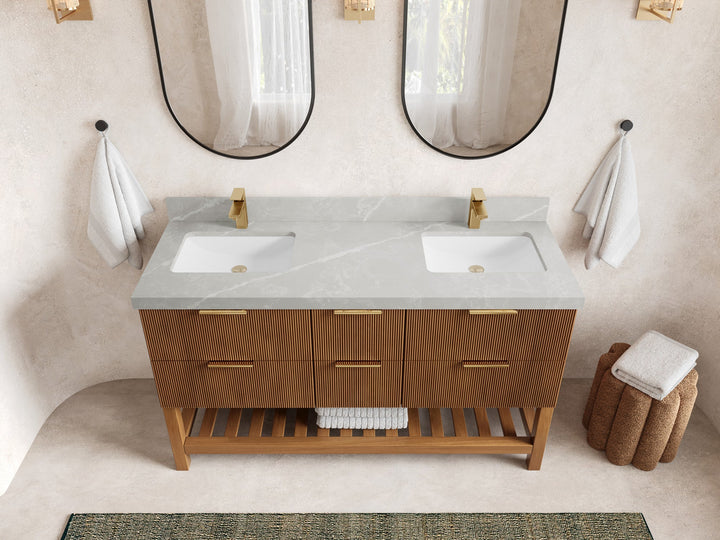 Catalina Teak 60 in W x 22 in D Free Standing Reeded Double Sink Bathroom Vanity - photo 26