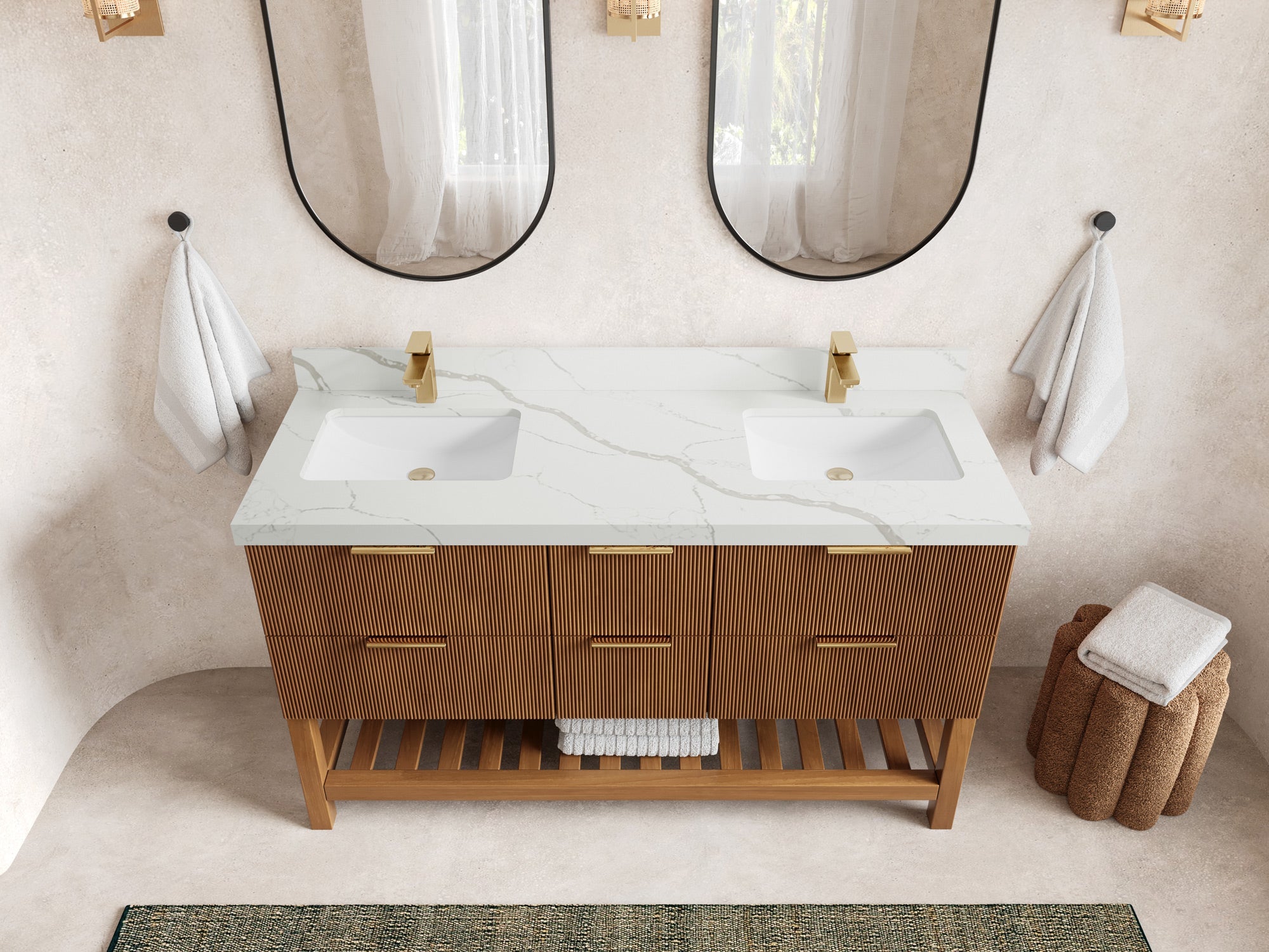 Catalina Teak 60 in W x 22 in D Free Standing Reeded Double Sink Bathroom Vanity - Willow Bath and Vanity