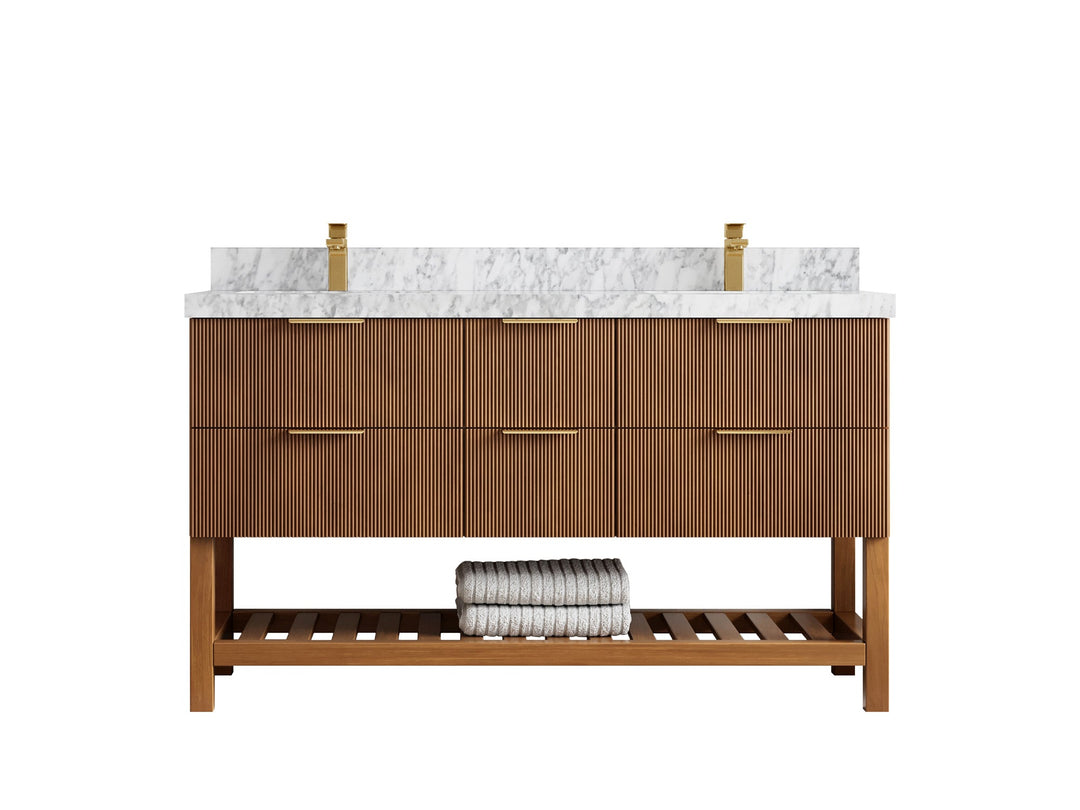 Catalina Teak 60 in W x 22 in D Free Standing Reeded Double Sink Bathroom Vanity - Willow Bath and Vanity