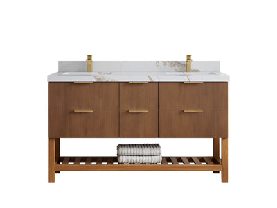 Catalina Teak 60 in W x 22 in D Free Standing Reeded Double Sink Bathroom Vanity - Willow Bath and Vanity