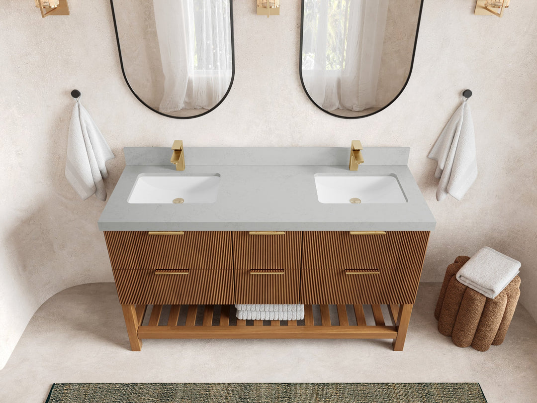 Catalina Teak 60 in W x 22 in D Free Standing Reeded Double Sink Bathroom Vanity - Willow Bath and Vanity
