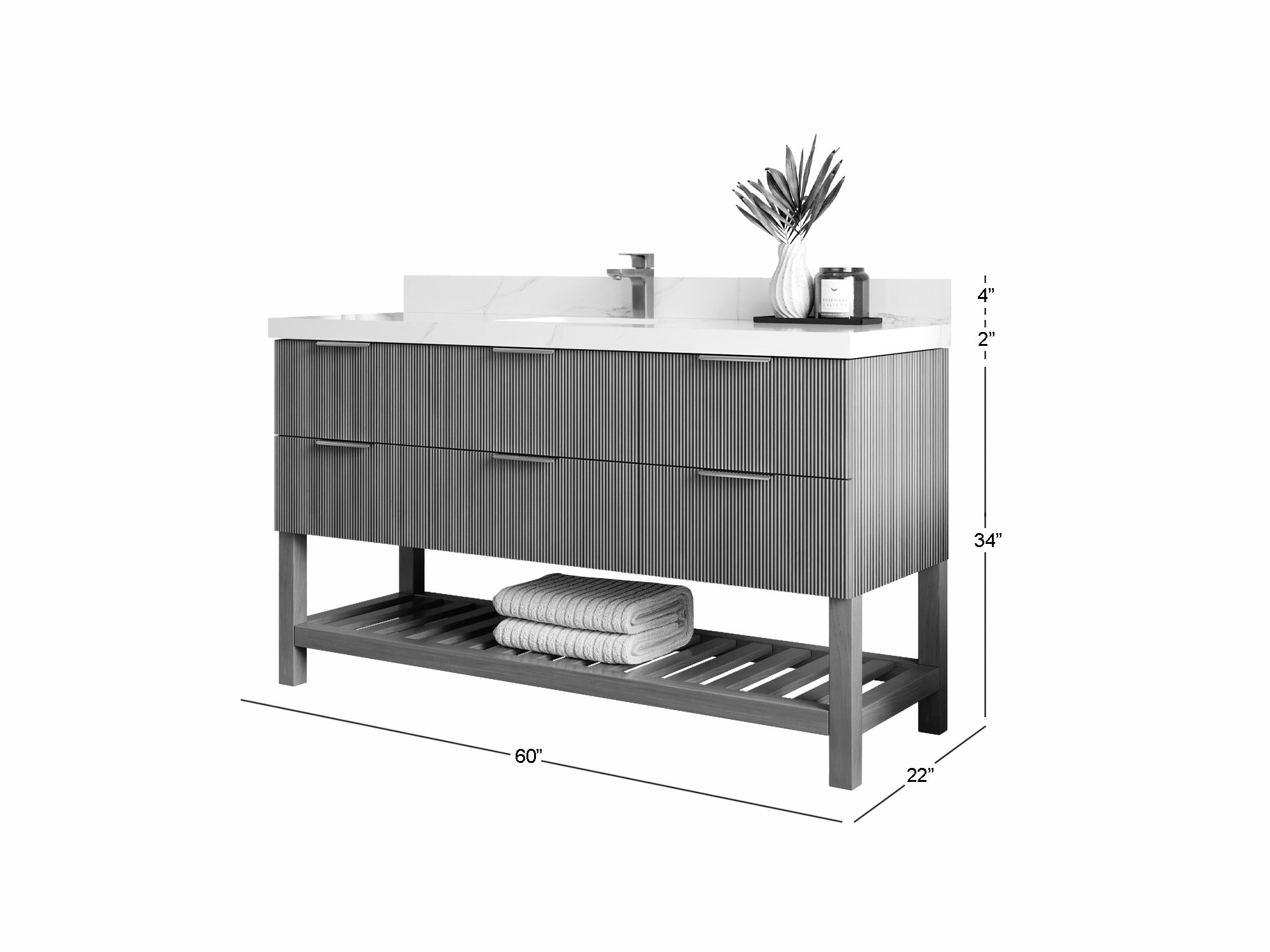 Catalina Teak 60 in W x 22 in D Free Standing Reeded Single Sink Bathroom Vanity - Willow Bath and Vanity