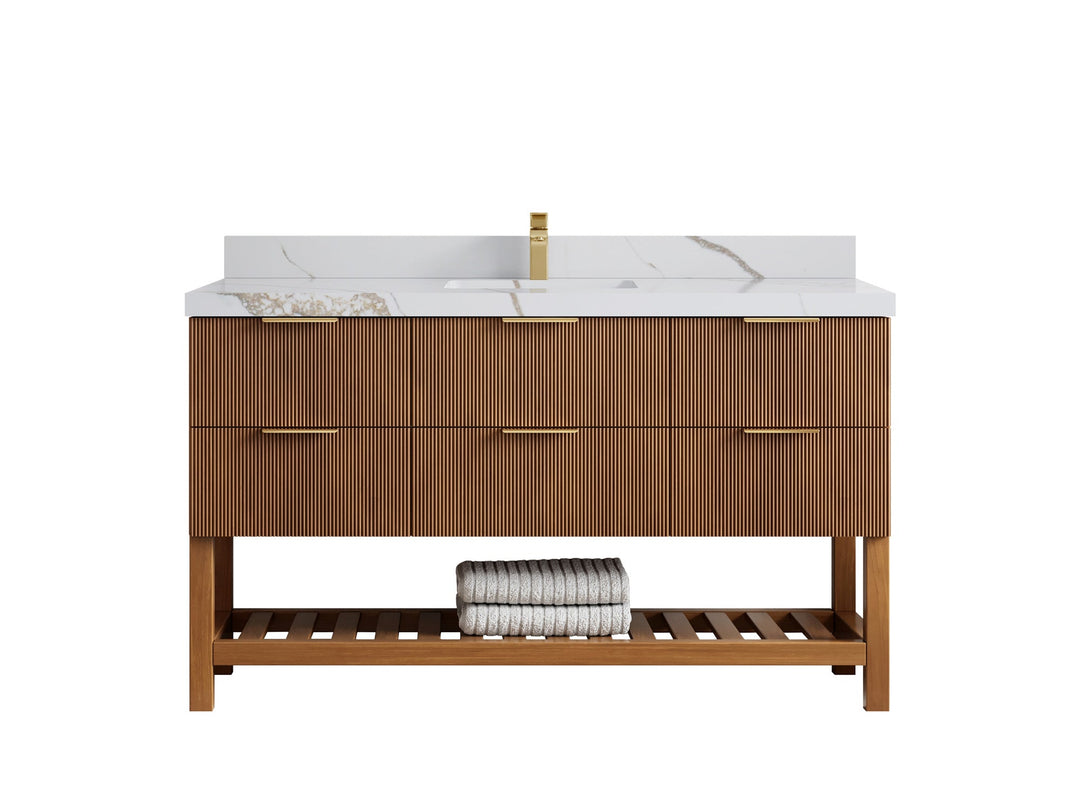 Catalina Teak 60 in W x 22 in D Free Standing Reeded Single Sink Bathroom Vanity - Willow Bath and Vanity