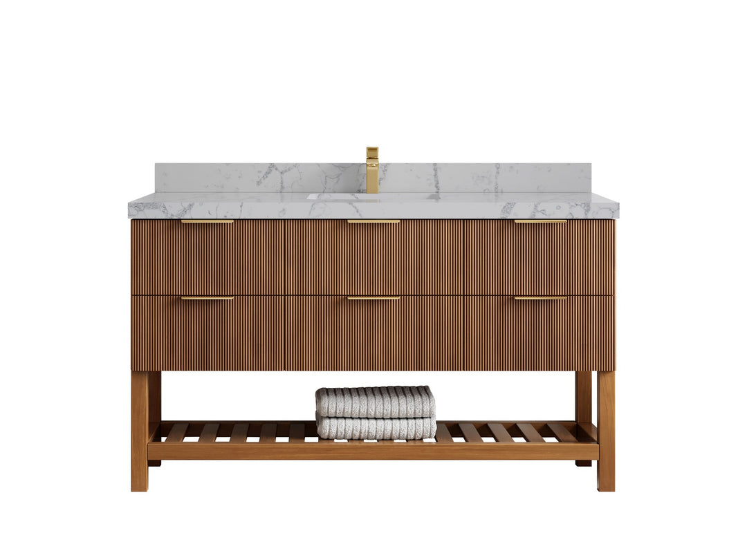 Catalina Teak 60 in W x 22 in D Free Standing Reeded Single Sink Bathroom Vanity - Willow Bath and Vanity