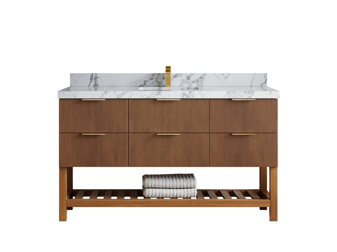 Catalina Teak 60 in W x 22 in D Free Standing Reeded Single Sink Bathroom Vanity - Willow Bath and Vanity