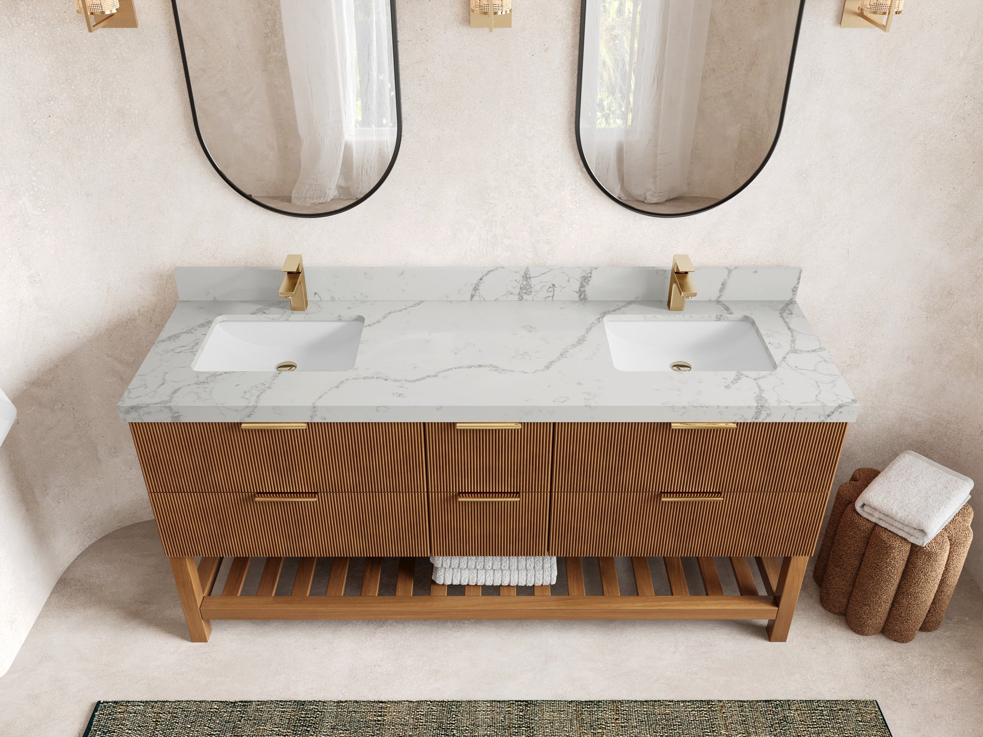 Catalina Teak 72 in W x 22 in D Free Standing Reeded Double Sink Bathroom Vanity - Willow Bath and Vanity