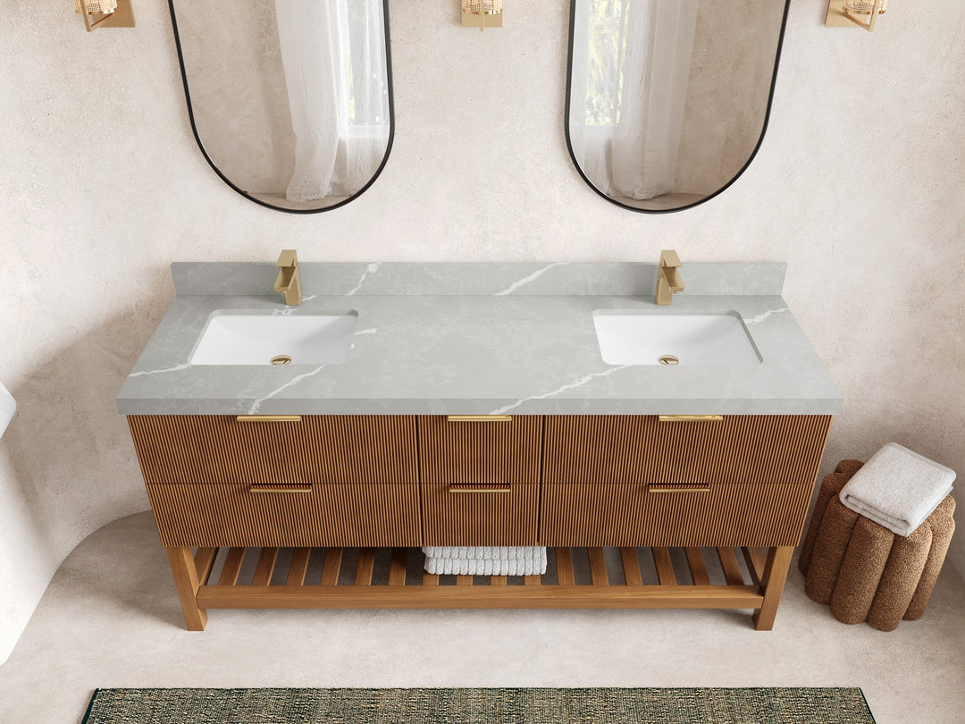 Catalina Teak 72 in W x 22 in D Free Standing Reeded Double Sink Bathroom Vanity - Willow Bath and Vanity