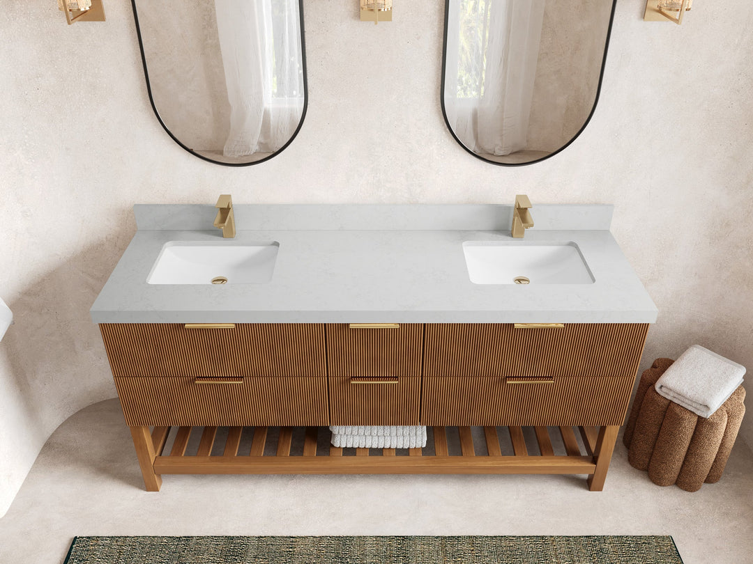 Catalina Teak 72 in W x 22 in D Free Standing Reeded Double Sink Bathroom Vanity - Willow Bath and Vanity
