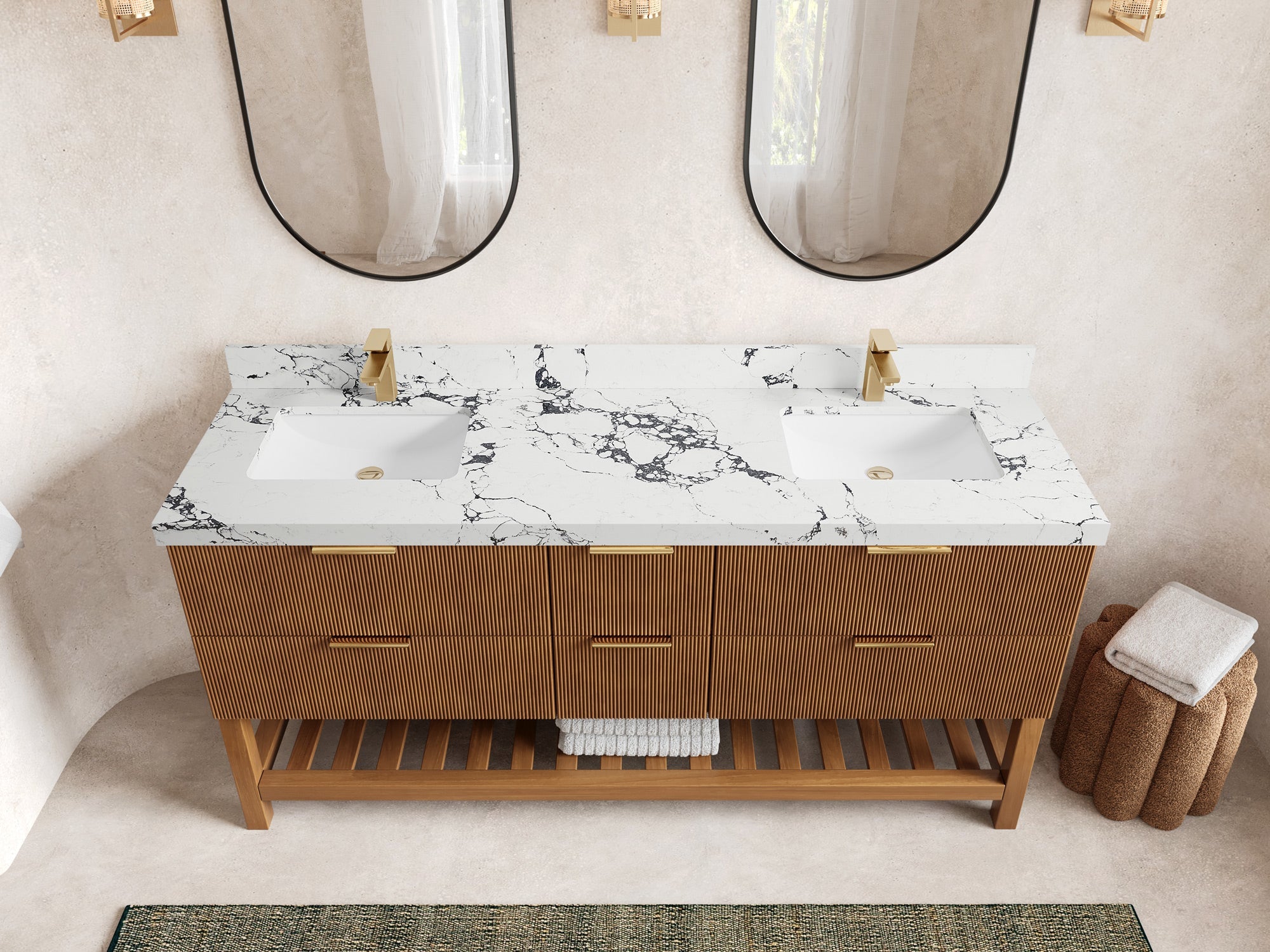 Catalina Teak 72 in W x 22 in D Free Standing Reeded Double Sink Bathroom Vanity - Willow Bath and Vanity