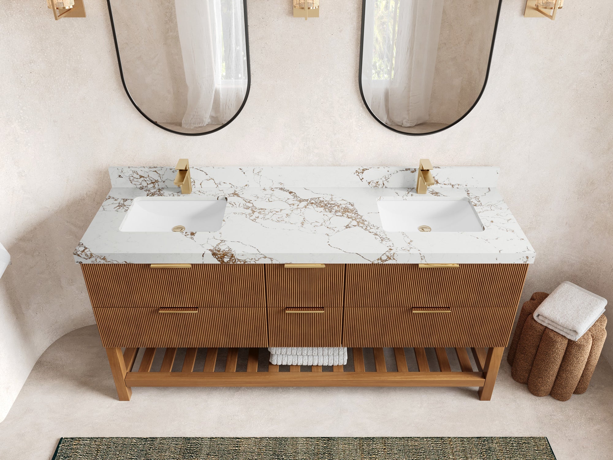 Catalina Teak 72 in W x 22 in D Free Standing Reeded Double Sink Bathroom Vanity - Willow Bath and Vanity