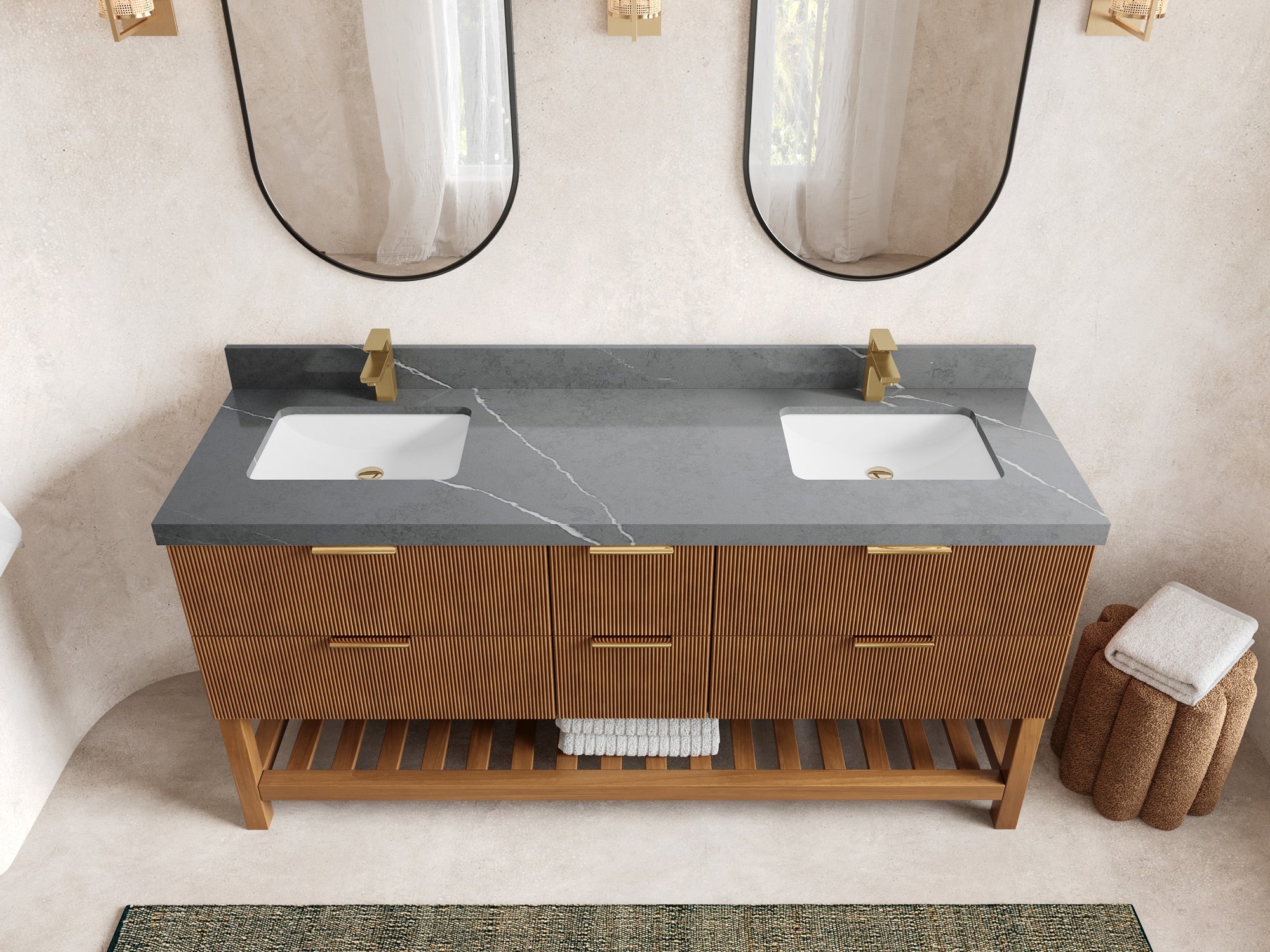 Catalina Teak 72 in W x 22 in D Free Standing Reeded Double Sink Bathroom Vanity - Willow Bath and Vanity