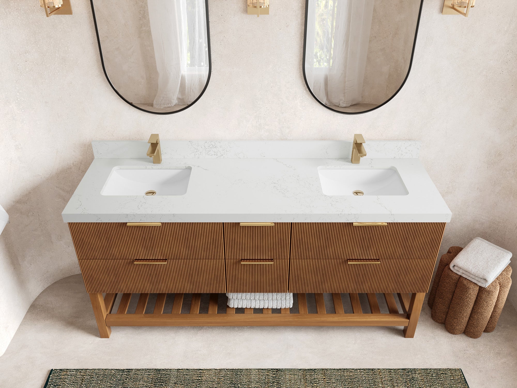 Catalina Teak 72 in W x 22 in D Free Standing Reeded Double Sink Bathroom Vanity - Willow Bath and Vanity